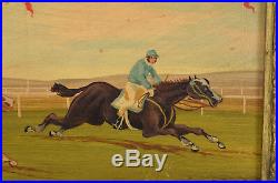 Vintage Horse Racing Oil Painting on Wood Plank Jockeys & Horses by W. Webb