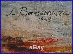 Vintage Hungarian Whimsical Folk Art Oil On Canvas Painting Laszlo Bornemisza