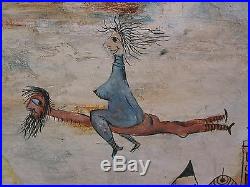 Vintage Hungarian Whimsical Folk Art Oil On Canvas Painting Laszlo Bornemisza