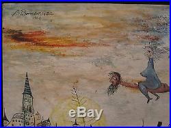 Vintage Hungarian Whimsical Folk Art Oil On Canvas Painting Laszlo Bornemisza