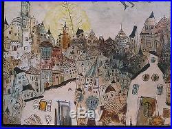 Vintage Hungarian Whimsical Folk Art Oil On Canvas Painting Laszlo Bornemisza