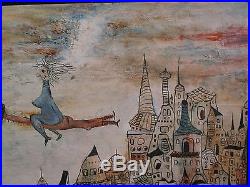 Vintage Hungarian Whimsical Folk Art Oil On Canvas Painting Laszlo Bornemisza