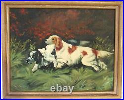 Vintage Hunting Scene Oil Painting Of Dogs, Signed