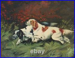 Vintage Hunting Scene Oil Painting Of Dogs, Signed