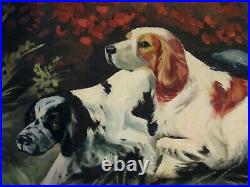 Vintage Hunting Scene Oil Painting Of Dogs, Signed