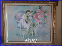 Vintage Impressionistic Oil On Canvas Painting Signed Sopia Young Girl With Dog