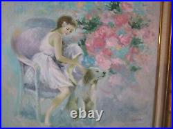 Vintage Impressionistic Oil On Canvas Painting Signed Sopia Young Girl With Dog