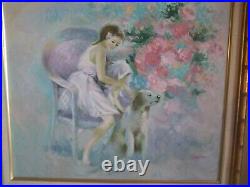 Vintage Impressionistic Oil On Canvas Painting Signed Sopia Young Girl With Dog