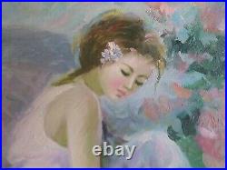 Vintage Impressionistic Oil On Canvas Painting Signed Sopia Young Girl With Dog