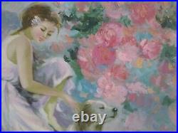 Vintage Impressionistic Oil On Canvas Painting Signed Sopia Young Girl With Dog