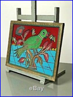 Vintage Indian Bead & Reverse Glass Painting. Green Parakeet In Flowering Shrub