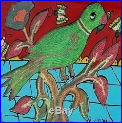 Vintage Indian Bead & Reverse Glass Painting. Green Parakeet In Flowering Shrub