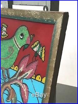 Vintage Indian Bead & Reverse Glass Painting. Green Parakeet In Flowering Shrub