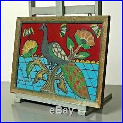 Vintage Indian Bead & Reverse Glass Painting. Green Parakeet In Flowering Shrub