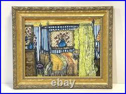 Vintage Interior Scene Original Art Mixed Media Painting Signed Framed
