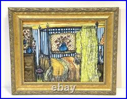 Vintage Interior Scene Original Art Mixed Media Painting Signed Framed