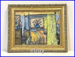 Vintage Interior Scene Original Art Mixed Media Painting Signed Framed