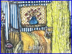 Vintage Interior Scene Original Art Mixed Media Painting Signed Framed