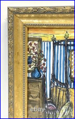 Vintage Interior Scene Original Art Mixed Media Painting Signed Framed