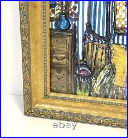 Vintage Interior Scene Original Art Mixed Media Painting Signed Framed