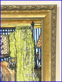 Vintage Interior Scene Original Art Mixed Media Painting Signed Framed