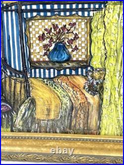 Vintage Interior Scene Original Art Mixed Media Painting Signed Framed