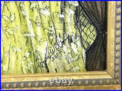 Vintage Interior Scene Original Art Mixed Media Painting Signed Framed