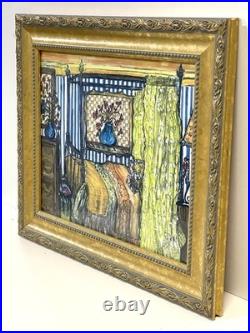 Vintage Interior Scene Original Art Mixed Media Painting Signed Framed