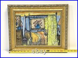 Vintage Interior Scene Original Art Mixed Media Painting Signed Framed
