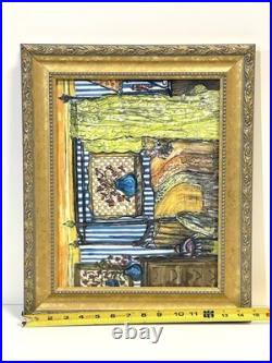 Vintage Interior Scene Original Art Mixed Media Painting Signed Framed