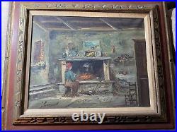 Vintage Interior Scene With Female By Fireplace Oil Painting Signed/Framed