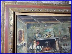 Vintage Interior Scene With Female By Fireplace Oil Painting Signed/Framed