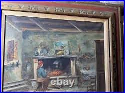 Vintage Interior Scene With Female By Fireplace Oil Painting Signed/Framed