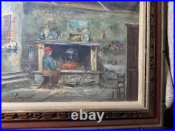 Vintage Interior Scene With Female By Fireplace Oil Painting Signed/Framed