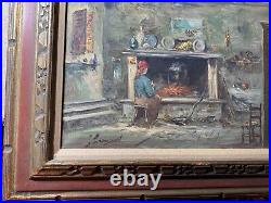 Vintage Interior Scene With Female By Fireplace Oil Painting Signed/Framed