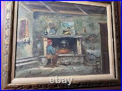 Vintage Interior Scene With Female By Fireplace Oil Painting Signed/Framed