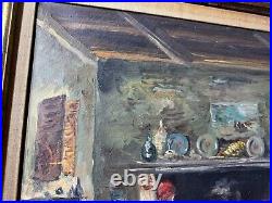 Vintage Interior Scene With Female By Fireplace Oil Painting Signed/Framed