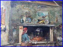 Vintage Interior Scene With Female By Fireplace Oil Painting Signed/Framed