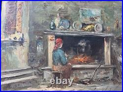 Vintage Interior Scene With Female By Fireplace Oil Painting Signed/Framed