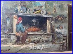 Vintage Interior Scene With Female By Fireplace Oil Painting Signed/Framed
