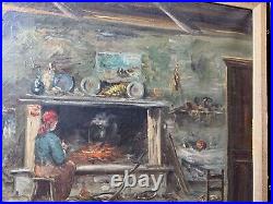 Vintage Interior Scene With Female By Fireplace Oil Painting Signed/Framed