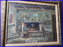 Vintage Interior Scene With Female By Fireplace Oil Painting Signed/Framed