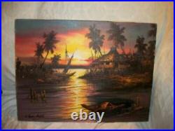 Vintage Island Sunset Oil Painting Japanese Wasen Boat Hut Trees Signed