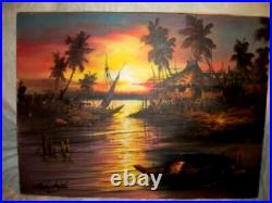 Vintage Island Sunset Oil Painting Japanese Wasen Boat Hut Trees Signed