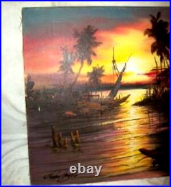Vintage Island Sunset Oil Painting Japanese Wasen Boat Hut Trees Signed
