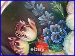 Vintage Italian gilded lacquered oil painting on oval wood flowers signed