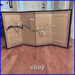 Vintage Japanese 4-Panel Folding Byobu Hand Painted Silk Screen Signed Asian Art