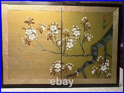 Vintage Japanese Byobu Silk Table Screen 2 Folding Panels Hand Painted SIGNED