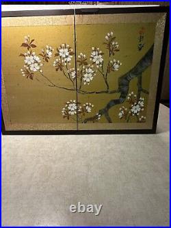 Vintage Japanese Byobu Silk Table Screen 2 Folding Panels Hand Painted SIGNED