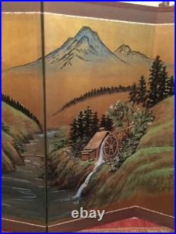 Vintage Japanese Chinese 4 Panel Folding Screen Byobu Painted 66x36 Signed Silk